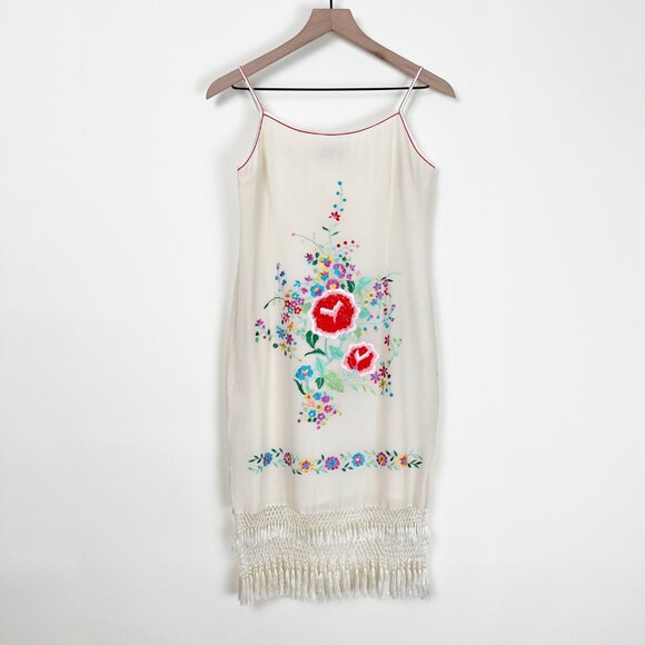 100% Silk Vintage Handmade Embroidered Floral Fringe Tassel Mini Midi Sun Dress - Picture 7 of 7
